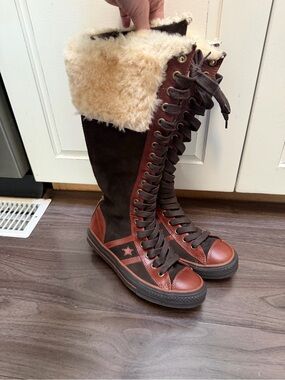 Converse Brown and Cream Knee-High Lace-Up Faux Fur Trim Boots